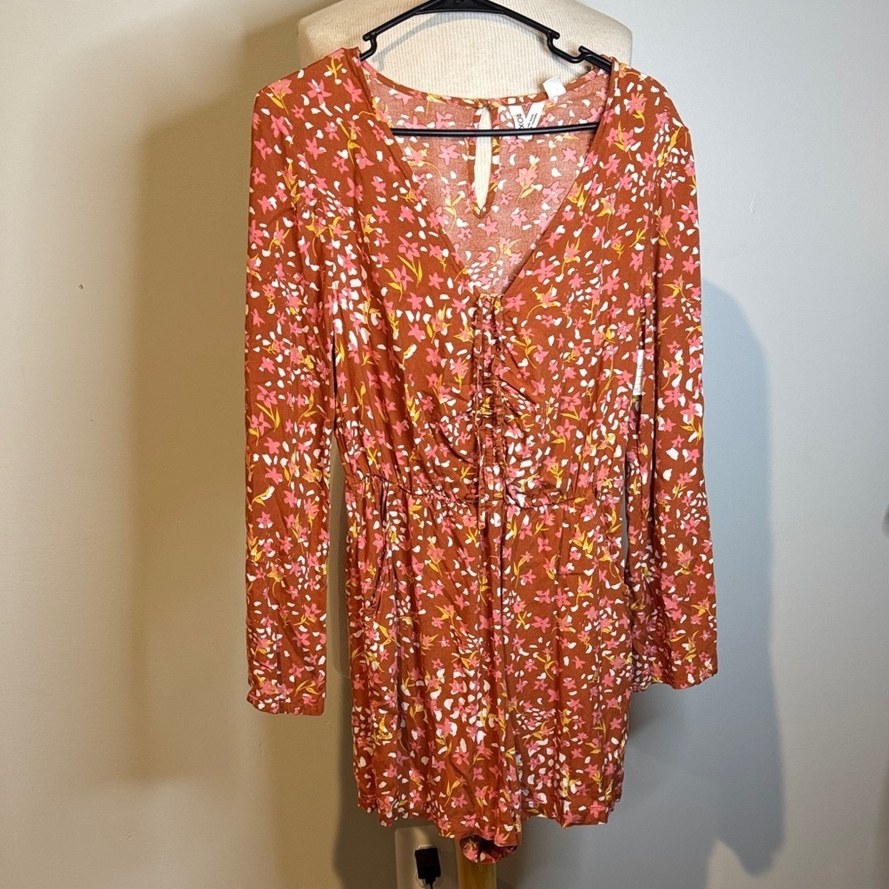 Roxy Floral Long Sleeve romper in Warm Rust
